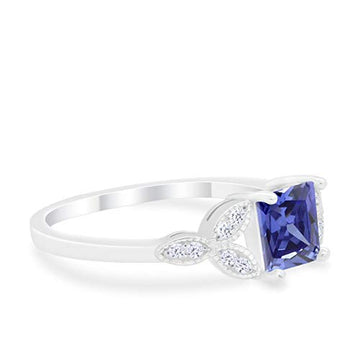 Art Deco Design Engagement Ring Princess Cut Simulated Blue Tanzanite CZ 925 Sterlig Silver